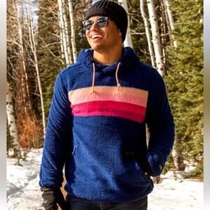 CHUBBIES The Skeason High-Pile Fleece Hoodie Navy Pink Retro Stripe Mens S